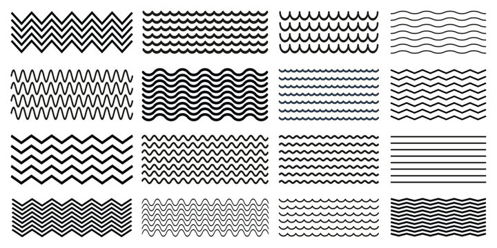 Waves line set. Wave ornament pattern. Set of wavy zigzag lines. Wave thin line background. Vector zigzag and wavy horizontal underline. Vector illustration 