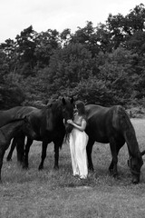 A young woman and her icelandic horse working and cuddle together. Woman lovingly pets a horse in a...