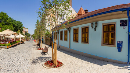 Quiet summer day in Skadarlija, Belgrade's historic bohemian quarter with cobblestone streets,...