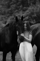 A young woman and her icelandic horse working and cuddle together. Woman lovingly pets a horse in a...