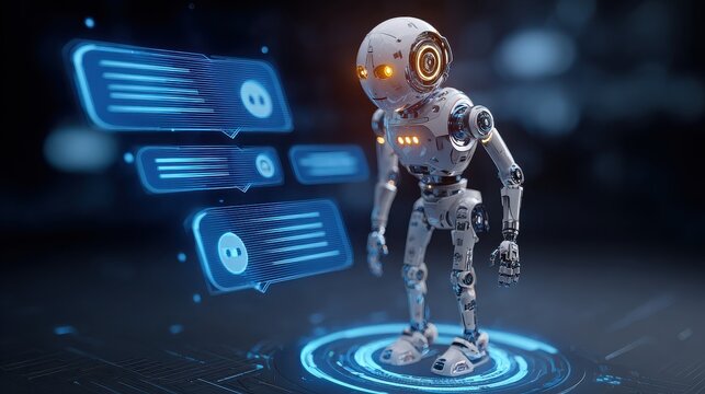 A futuristic robot standing on a blue platform with floating chat bubbles around it in a dark room