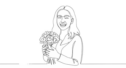 Obraz premium Minimalist continuous line drawing of woman smiling with floral gift