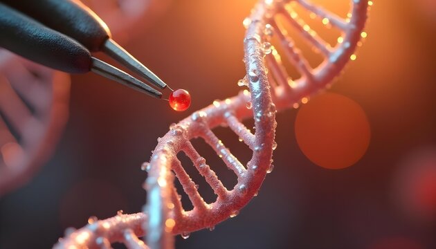 Textured red DNA strand with molecular bead extraction, conceptual CRISPR gene therapy and AI enhanced genetic engineering for advanced biomedical research