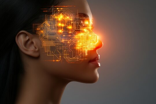 Futuristic female profile with glowing digital circuit face and bright orange light representing artificial intelligence and human-technology integration