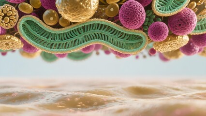 Detailed 3D render of eukaryotic cell interior showing mitochondria, endoplasmic reticulum, Golgi apparatus and organelles, conceptual cellular biology and metabolism illustration