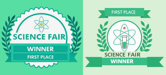 Obraz premium Science Fair Winner Badges with Atom Symbols, Laurel Wreaths, and Banners for Educational Achievement and School Event Branding
