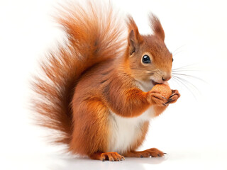 Obraz premium A squirrel with bushy tail is eating a nut with its tiny paws on a white background in studio shot