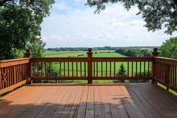 Wooden deck with rustic railing overlooking green fields and trees under a partly cloudy blue sky