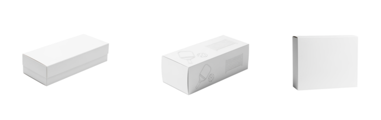 White box packaging for pickleball paddle and ball with simple design and clean background perfect for product display and branding