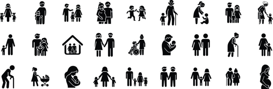 Family, relationship icon set. Vector glyph pictograms of couple, parent, child, elderly people, pregnancy, parenting, community, single mother, social care black silhouette illustration.