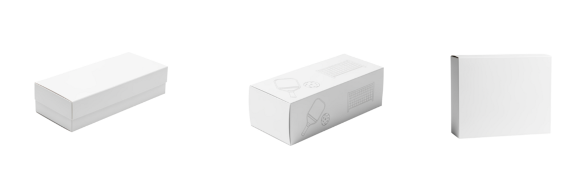 White box packaging for pickleball paddle and ball with simple design and clean background perfect for product display and branding