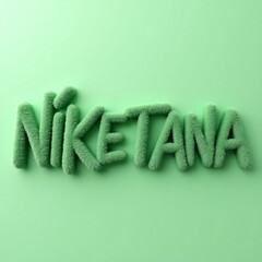 Name 'Niketana' made out of sponge. 3D render of the word ‘Niketana’ on the light green background.
