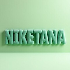 Name 'Niketana' made out of sponge. 3D render of the word ‘Niketana’ on the light green background.