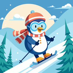 Fototapeta premium Cute cartoon penguin wearing a hat and scarf skiing down a snowy mountain slope