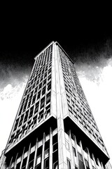 Fototapeta premium Skyscraper, city, low angle, dramatic sky, urban design, architecture
