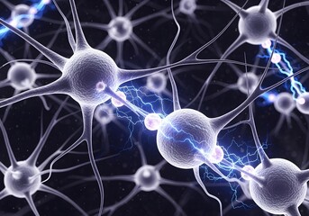 Cluster of neurons transmitting bright electric impulses through axons, conceptual brain communication and synaptic activity in 3D rendering