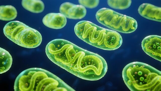 Multiple glowing green mitochondria with detailed yellow cristae on dark background, conceptual ATP energy production and cellular metabolism illustration