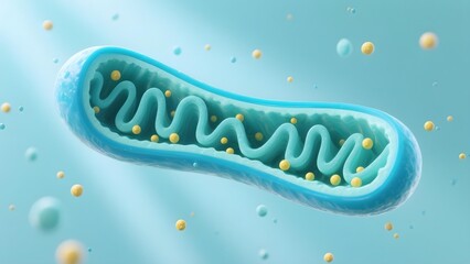 Blue mitochondrion model with sectioned structure revealing inner folds and golden particles, conceptual energy metabolism and ATP synthesis in cell biology