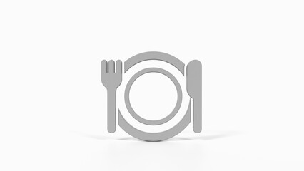 8K Gray 3D Render of Plate with Fork and Knife Icon with White Background for Food Apps, Restaurants, and User Interfaces

