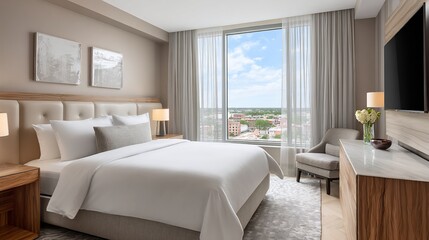 Obraz premium Bedroom view with bed, furniture, window, and city backdrop, in modern apartment