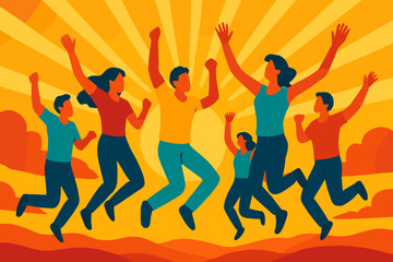 A group of happy people are celebrating a holiday or success with fun and joy, depicted as smiling characters jumping up together in a flat vector illustration isolated on a white background