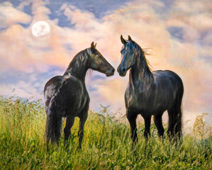 Fototapeta premium Friesian mares silhouette by moon on hilltop with tall grass. Stylized digital photo art.