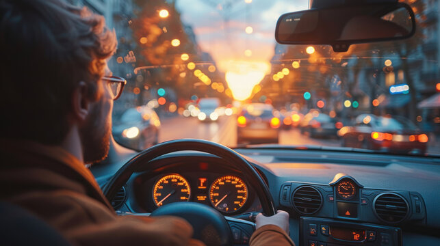 Driving through the city during golden hour, navigating bustling streets with car's dashboard in view