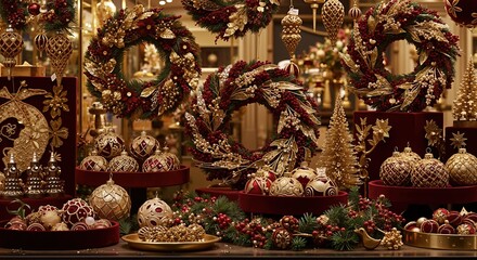 Obraz premium Golden christmas ornaments display in luxury store window with warm lighting. holiday baubles collection arranged on wooden shelves. Festive shopping. Christmas retail sale, decorations