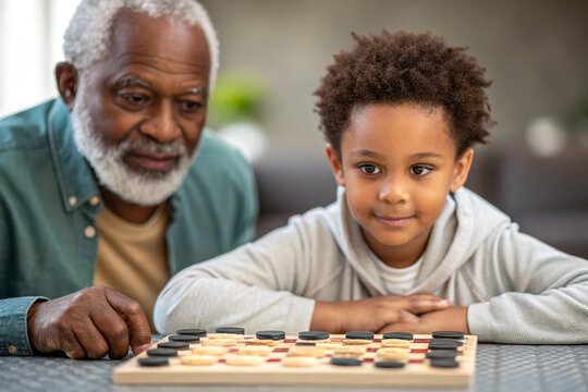 Focus on checkers: Black and white game pieces appear sharp in a bright, natural light setup. Useful for family, game-playing, board-game posters.