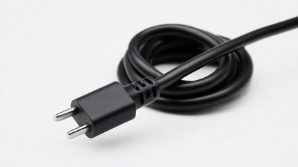 Black electrical power cord coiled neatly on a white surface