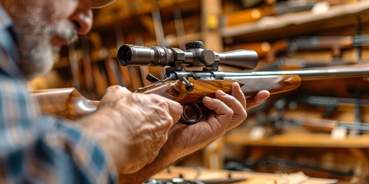 Gunsmith checking hunting rifle with scope in workshop