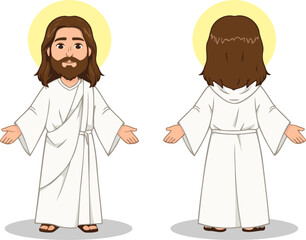 Flat vector illustration of Jesus Christ in white robe with holy halo above his head. The front view and the back view, isolated on white background