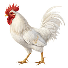 Fototapeta premium A white rooster with a prominent red comb and wattles stands upright. Its feathers are fluffy and well-groomed, showcasing its vibrant appearance.