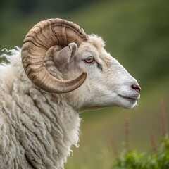 A close-up of a white sheep with large, curved horns. The sheep has a thick wool coat and a calm expression. The background features green grass and blurred foliage.