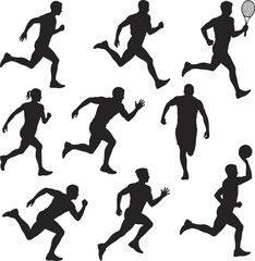 Athlete silhouette set, running poses, tennis player, basketball action, sport icons, fitness vector clipart, dynamic movement illustration bundle