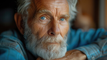 Elderly man with kind eyes, wisdom etched into his face, resting his chin on his hands in quiet contemplation.