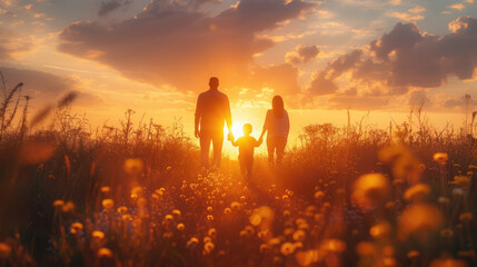 Family walking hand-in-hand through golden meadow at sunset, creating a silhouette against vibrant sky.