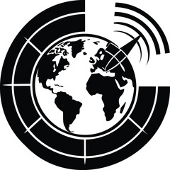 Vector art of global communication network with satellite signals and earth globe isolated on white background, representing worldwide connectivity and technological advancement