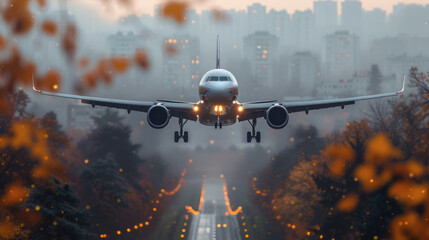An aircraft with landing gear extended descends towards a runway, city backdrop, amidst autumn foliage.