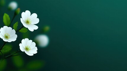 A close up of three white flowers on a green background