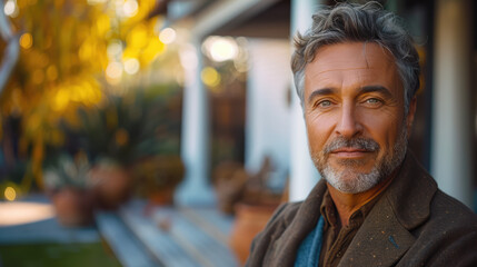 Fototapeta premium Confident mature man with silver hair, standing in front of a sunny suburban home, portrait view.