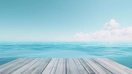 serene view of a wooden dock over calm ocean water with bright sky and clouds free copy space