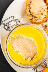 Foie gras goose liver appetizer delicacy fresh delicious gourmet food background on the table...