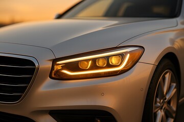 Fototapeta premium Front Three-Quarter Angle of a Luxury Sedan’s Headlight Assembly Glowing in Golden Hour Sunlight – Premium Automotive Lighting and Design Photography Showcasing Elegant Vehicle Styling