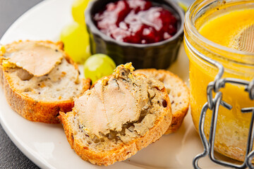 Foie gras goose liver appetizer delicacy fresh delicious gourmet food background on the table rustic food top view copy space
