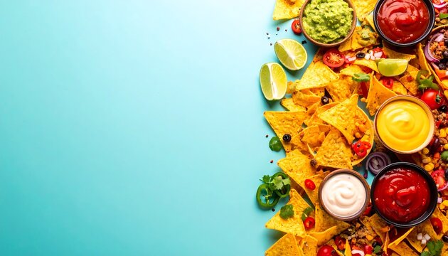 Vibrant nachos arranged in a rainbow of toppings create a colorful display perfect for parties or gatherings
