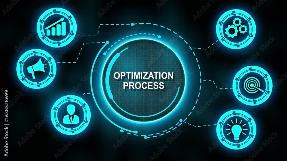 Poster optimization software technology process system business concept. operations to achieve the best pos