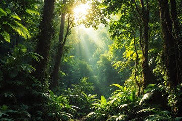 Sunlit Tropical Rainforest Serene Path Nature Green Jungle Canopy