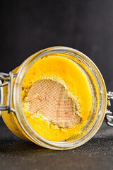 Foie gras goose liver appetizer delicacy fresh delicious gourmet food background on the table...