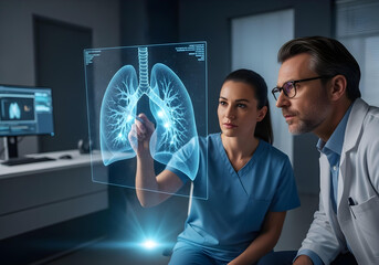Medical professionals collaborate using advanced holographic technology to analyze a detailed 3d projection of human lungs